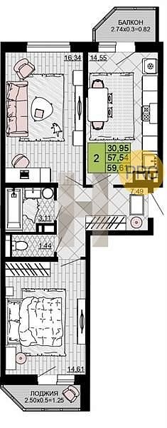 Продается 2-комн. квартира, 59.61 м², ЖК Дружба, 