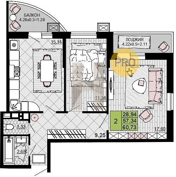 Продается 2-комн. квартира, 60.73 м², ЖК Дружба, 