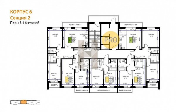 2-комн. квартира, 61.8 м², ЖК Ракурс (№132026)