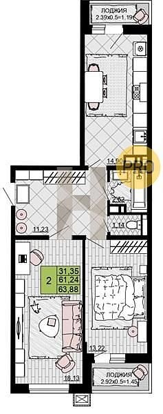 Продается 2-комн. квартира, 63.88 м², ЖК Дружба, 