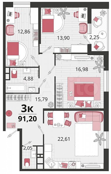3-комн квартира, 91.2 м², р-н Знаменский (№124196)