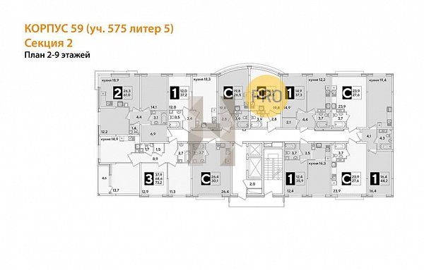 1-комн. квартира, 44.2 м², ЖК Самолет-6 (№132423)