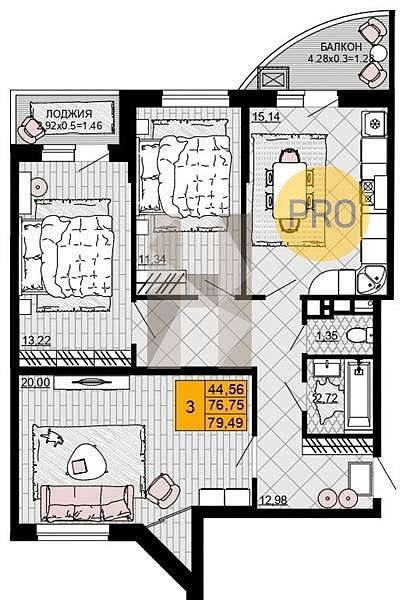 Продается 3-комн. квартира, 79.49 м², ЖК Дружба, 