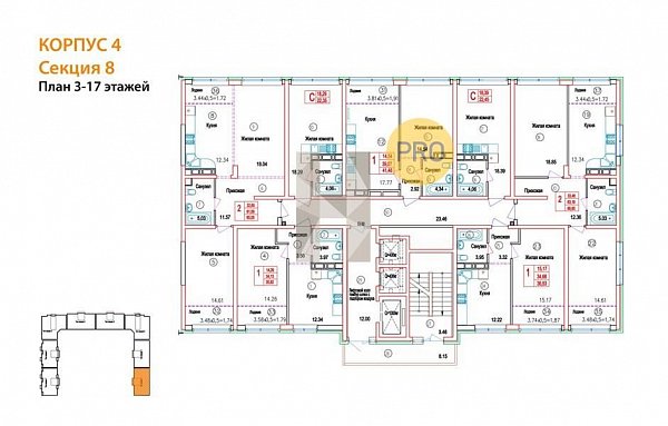 2-комн. квартира, 65.05 м², ЖК Гарантия на Обрывной (№132534)