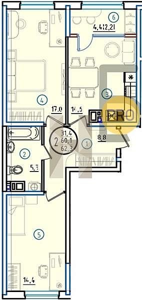 Продается 2-комн. квартира, 62.3 м², ЖК Первое Место, 