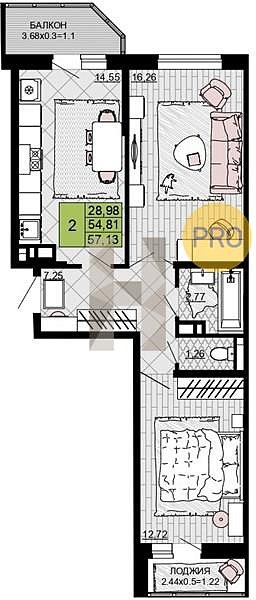 Продается 2-комн. квартира, 57.13 м², ЖК Дружба, 