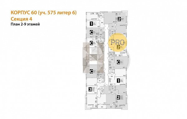 2-комн. квартира, 60.6 м², ЖК Самолет-6 (№132432)