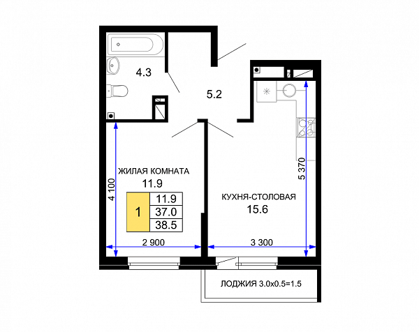 1-комн. квартира, 38.5 м², ЖК Дыхание (№133591)