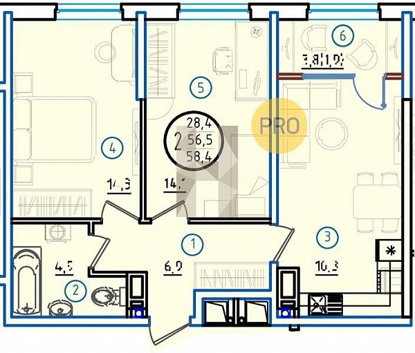 Продается 2-комн. квартира, 58.4 м², ЖК Первое Место, 