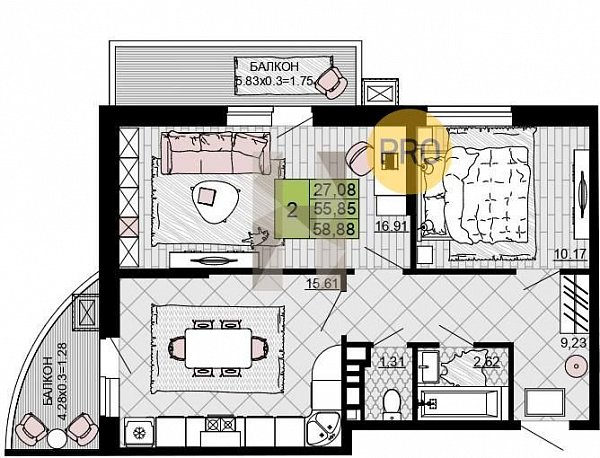 Продается 2-комн. квартира, 58.88 м², ЖК Дружба, 