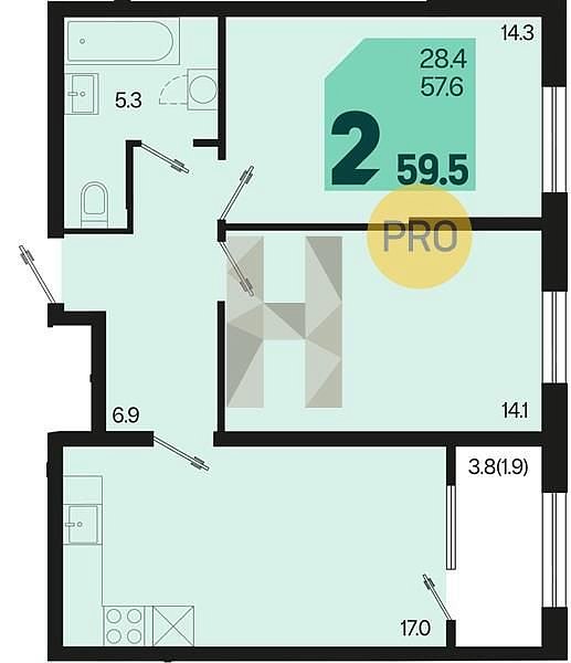 Продается 2-комн. квартира, 59.5 м², ЖК Первое Место, 