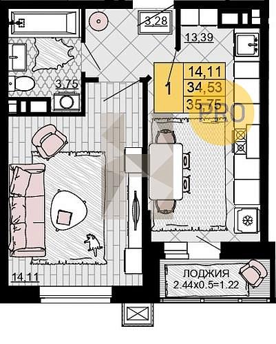 Продается 1-комн. квартира, 35.75 м², ЖК Дружба, 