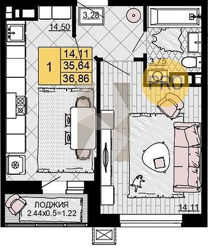 Продается 1-комн. квартира, 36.86 м², ЖК Дружба, 