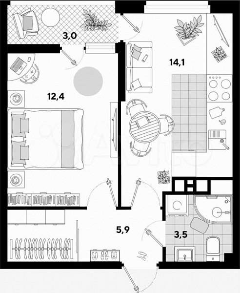 1-комн квартира, 35.9 м², р-н Западный обход (№131263)