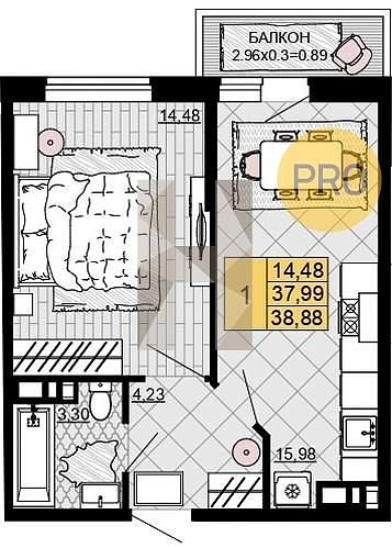 Продается 1-комн. квартира, 38.88 м², ЖК Дружба, 