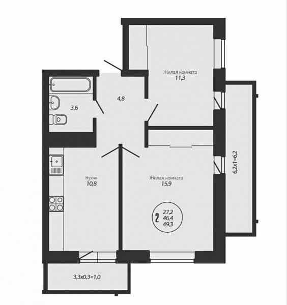 2-комн квартира, 50 м², р-н Гидростроителей (№130109)