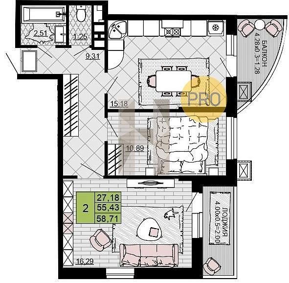 Продается 2-комн. квартира, 58.71 м², ЖК Дружба, 