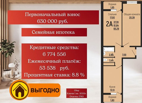 Продается 2-комн. квартира, 65.29 м², ЖК Славянка, 