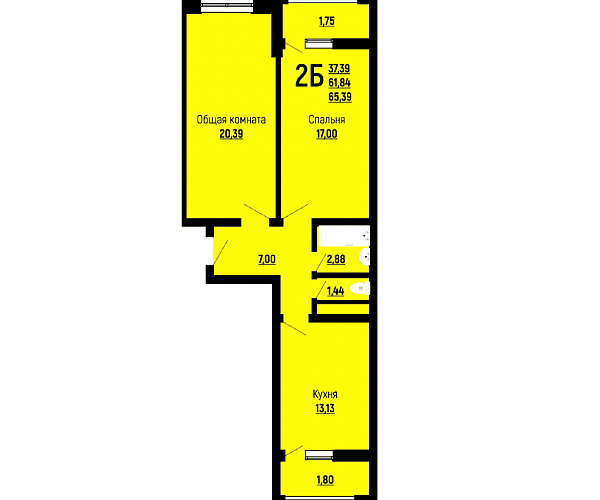 2-комн. квартира, 65.39 м², ЖК Славянка (№133045)