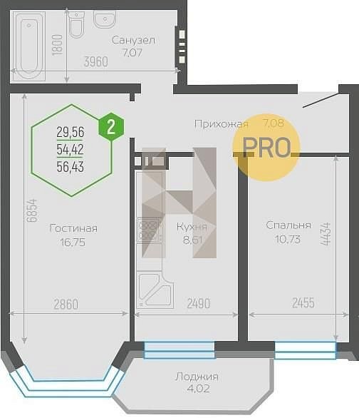 Продается 2-комн. квартира, 55.1 м², ЖК Гарантия на Черкасской, 